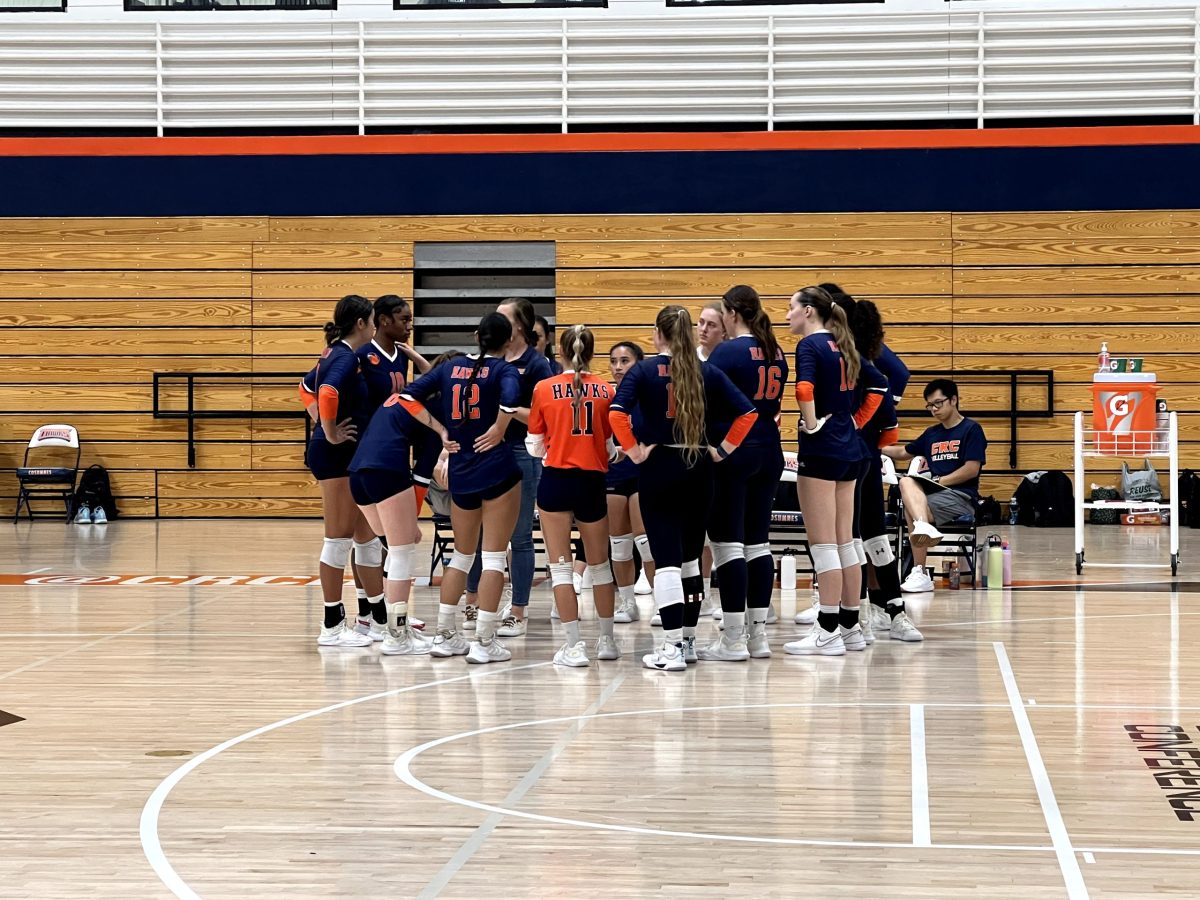 Volleyball Head Coach Kari Nahlen talks to the team in the huddle during their match against Taft College on Sept. 4. The Hawks went on to drop the match against Taft 0-3.