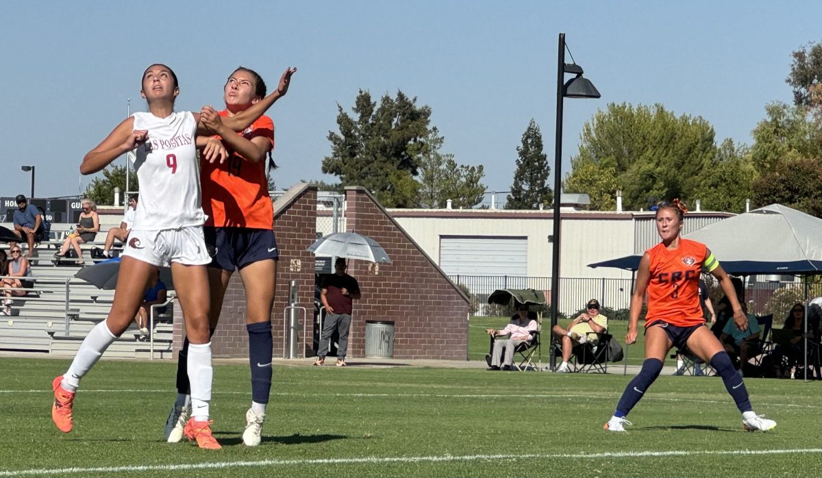 The Hawks' freshman forwards Mia Perez, middle, and Sadie Stoll, right, prepare to receive the ball before scoring against Las Positas College at home on Tuesday, Aug. 27, winning 4-1. The Hawks played against the Sierra College Wolverines, tying the game 1-1 on Tuesday Oct. 22.