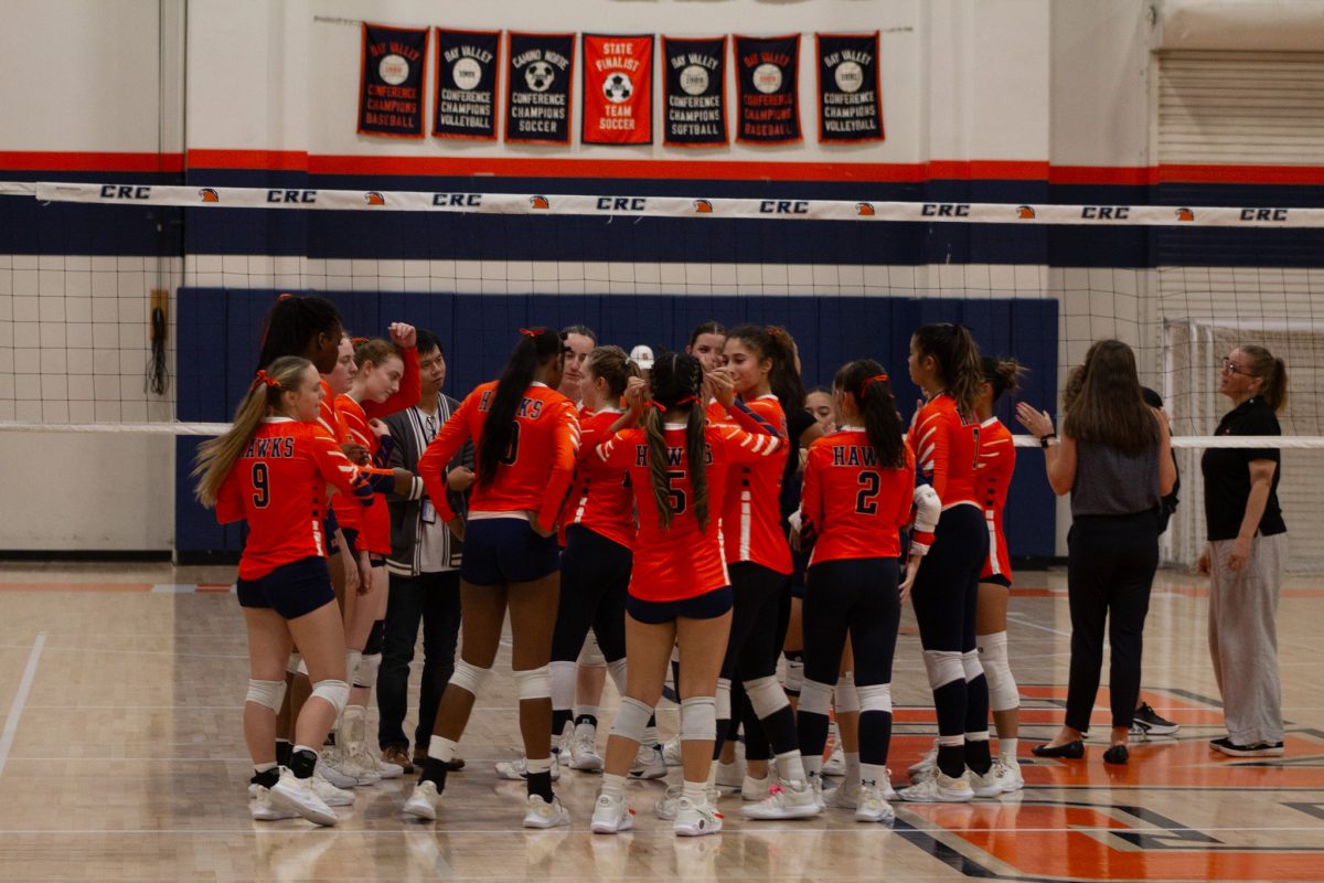 The women’s volleyball team huddles on Sept. 25 in a game against Sierra College. The Hawks defeat Santa Rosa on Oct.18 in a close-point match.