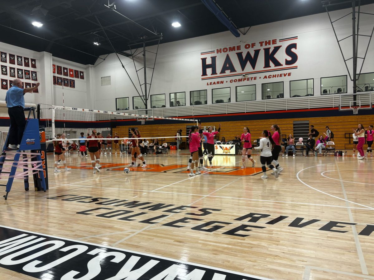 The Hawks volleyball team celebrates after scoring six unanswered points in their fourth set against the Sacramento City College Panthers at home on Wednesday. The Hawks went on to defeat the Panthers 3-2 before losing to the San Joaquin Delta Mustangs 3-1 on Friday in Stockton.