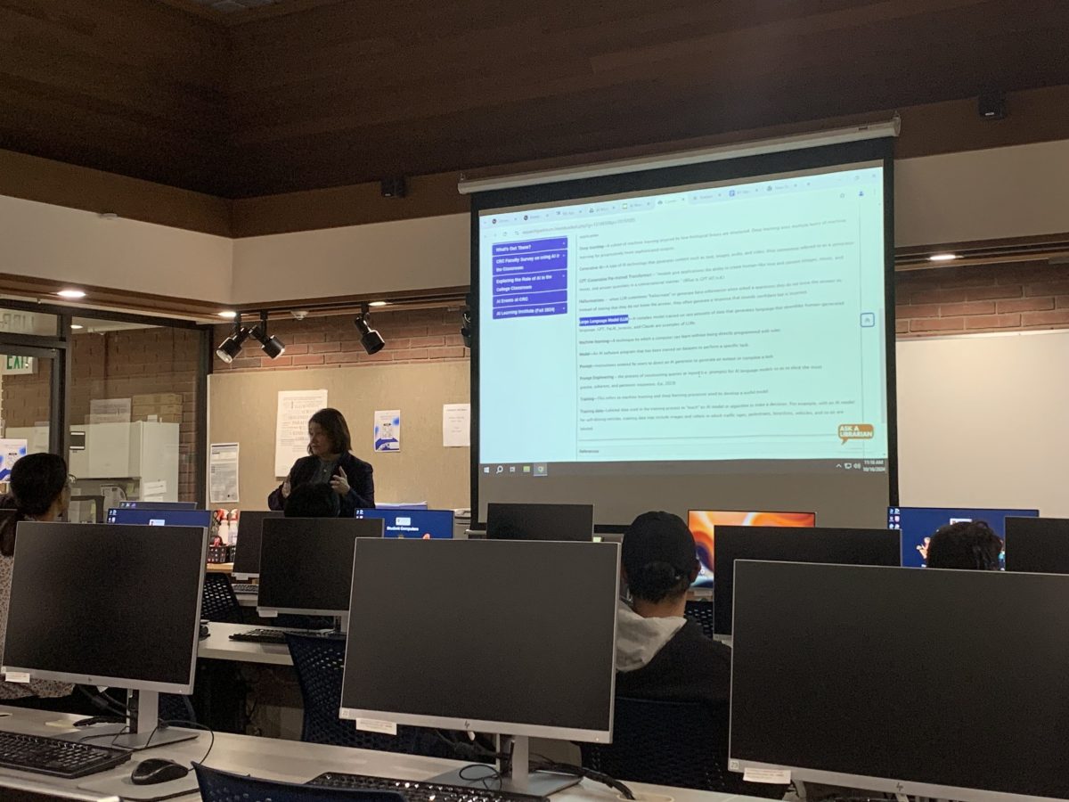 Librarian Rochelle Perez discusses artificial intelligence terms and vocabulary in "AI Made Simple: A Workshop for the Curious Mind" on Oct. 16 in L-245. The next workshop will be on Oct. 30 at 11 a.m. in the same room.