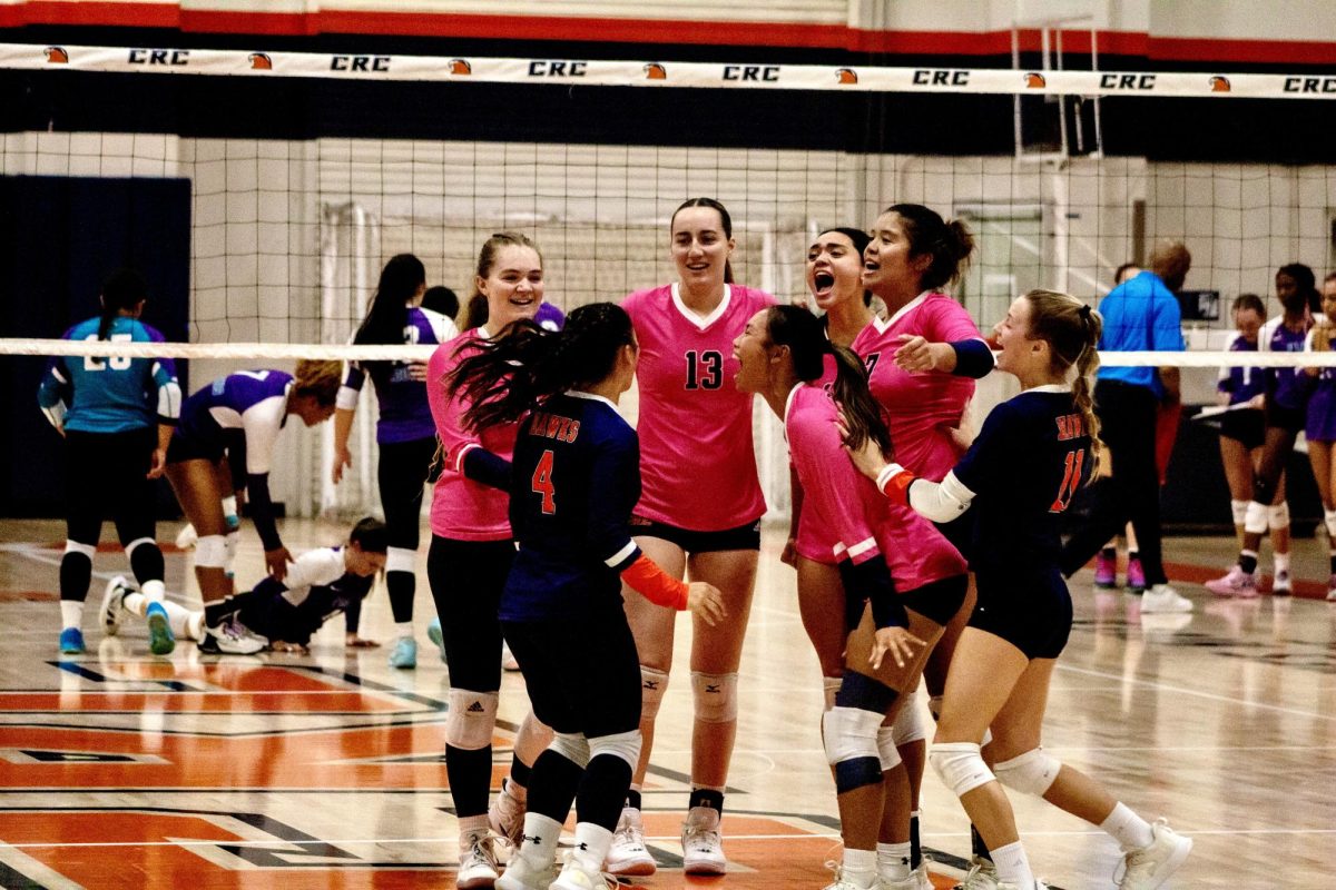 The Hawks celebrate their 3-0 win against Folsom Lake College making this two conference wins in a row, last one being against Diablo Valley 3-1. In recognition of breast cancer awareness month, the Hawks wear their signature pink jerseys during the game.