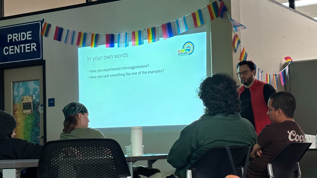 Professor Ryan Perez Adame, the Pride Center coordinator, unpacks microaggressions in a workshop on Oct. 17. Adame teaches students what microaggressions are and the impact they can have on people.