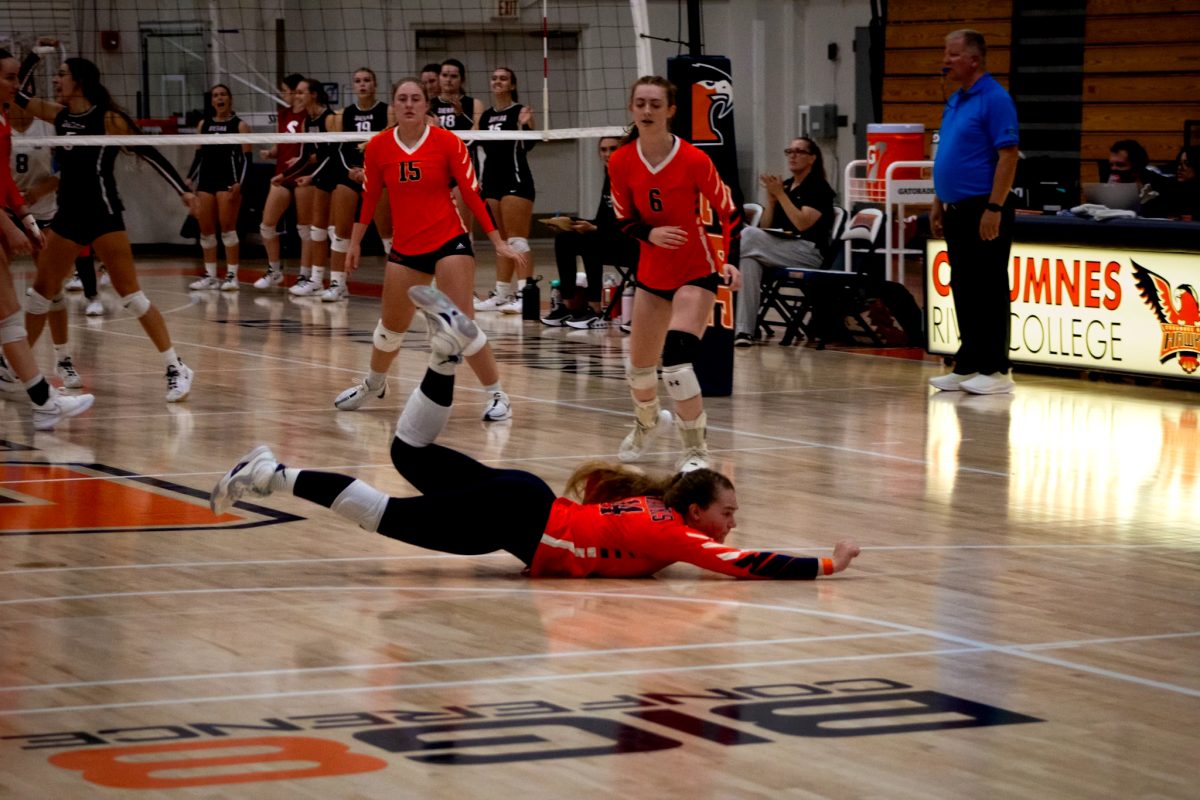 Outside hitter Jordyn Kwalwasser dives in an attempt to save the ball in a loss against Sierra College on Sept. 25. The Hawks look to break their four-game losing streak against Diablo Valley College on Wednesday.