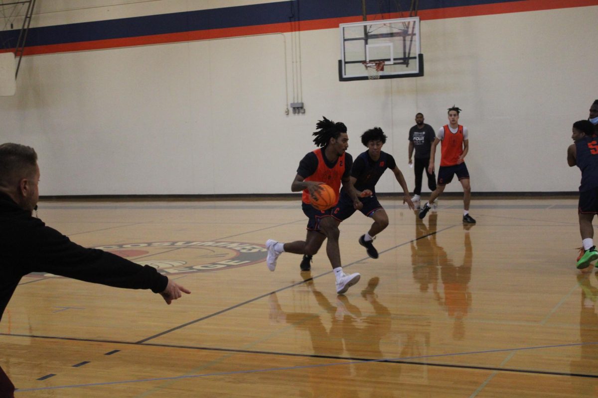 Assistant coach Mathew Bradley points to where defenders need to be to stop sophomore Luca Davis dribbling down the court during practice last Friday at the school. The Hawks start off their season with a record of 3-2.