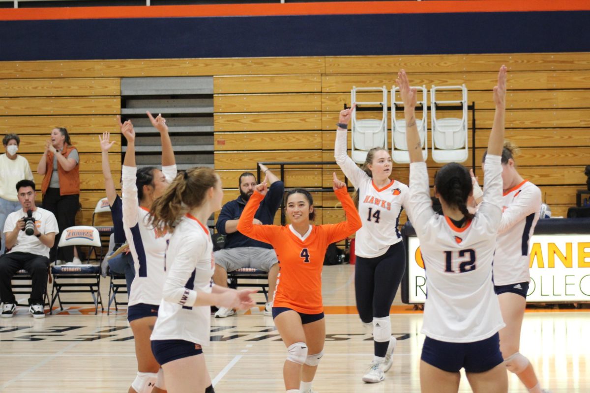 The volleyball team celebrates a point during the fourth set after Diablo Valley is called on a double-contact. The Hawks improve to a 14-10 overall record after their win on Friday.