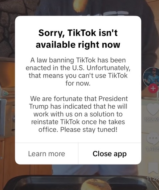 The message TikTok users received when they tried to log onto the app on Jan. 19. TikTok users were unable to access any of the apps contents for over 12 hours. 