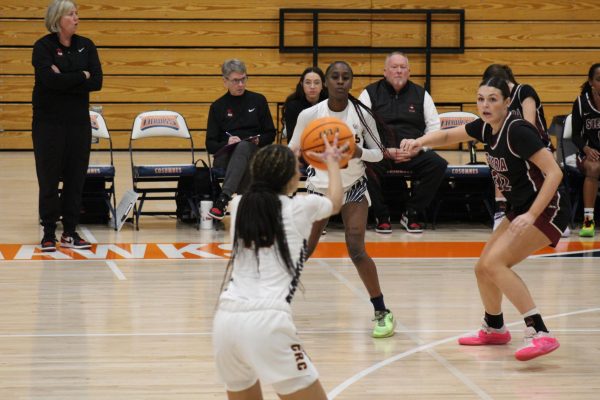 Sophomore point guard Saray White receives the ball from sophomore point guard LaKayla Hale during the Hawks' victory against Sierra College on Tuesday. The team will take on Modesto Junior College at home on Tuesday, Jan. 28.