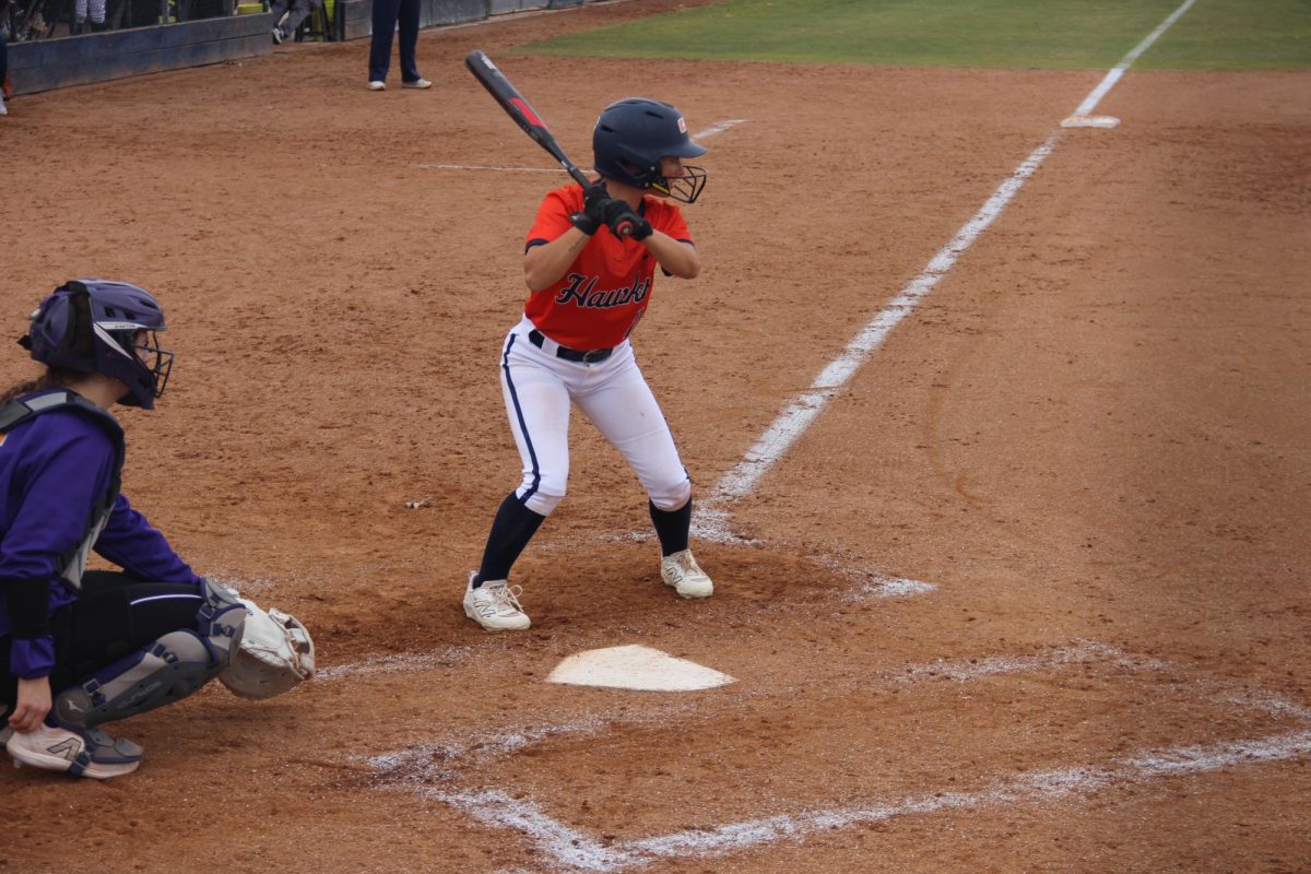 Freshman third baseman Isabella Hall waits for a pitch against San Jose City College during back to back home games on Feb. 11. The team lost both games with scores of 2-3 and 1-4.