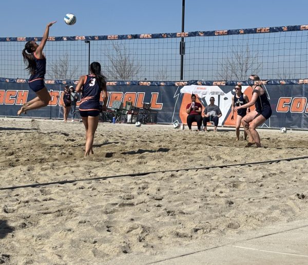 Freshman split Kaylie Reyes attacks the ball in win against College of the Siskiyous on Friday. The Hawks kickoff their conference play on March 7 against College of Marin.