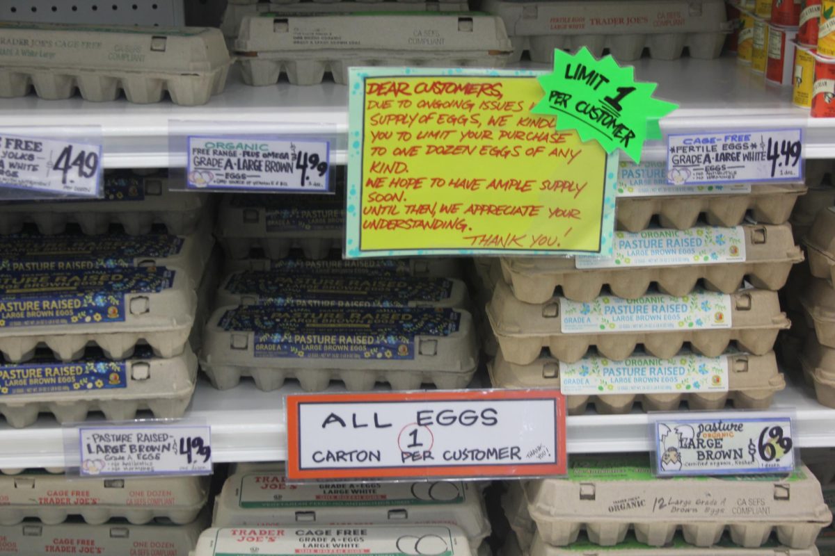 Eggs on sale at Trader Joe’s on 9670 Bruceville Road. Customers are limited to a dozen eggs per sale due to supply issues. 