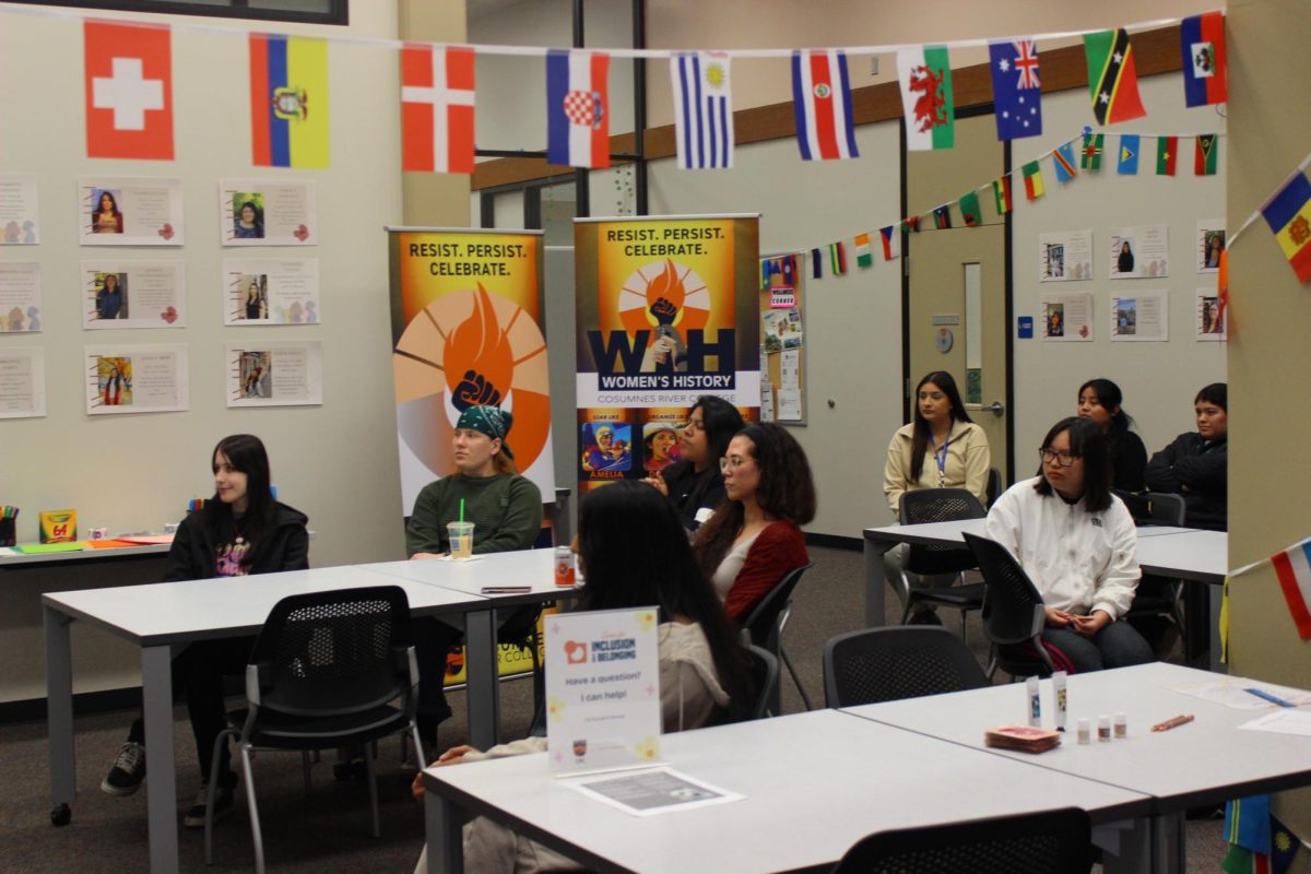 Students attend a presentation about women's history and intersectionality, kicking off Women’s History Month events at Cosumnes River College’s Center for Inclusion and Belonging, located in the Library, room L-106 on March 4. The presentation was followed by a dance performance by Athena Singh in the quad, with other events coming throughout the month.